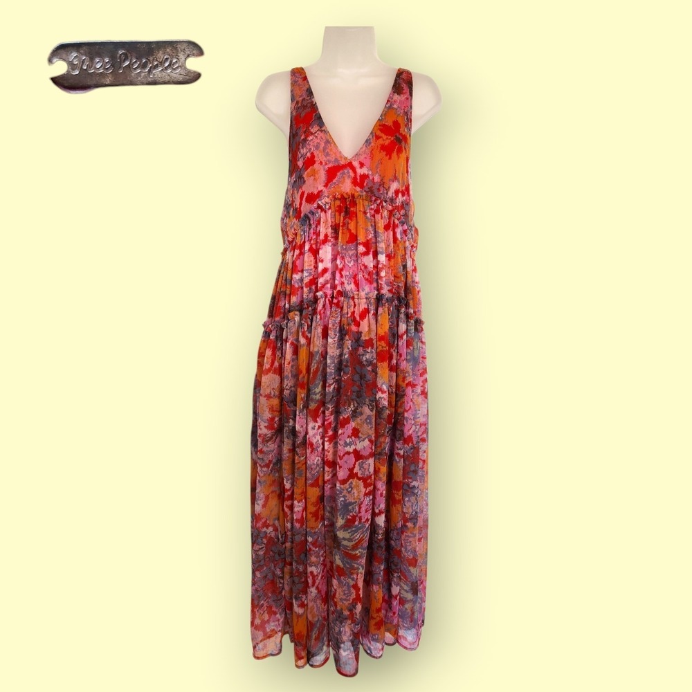 Free People Julianna Chiffon Tiered Floral Maxi Dress Cherry Combo Pink Red M